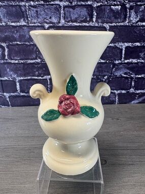 Vintage Ceramic Cream Vase with Red Rose Accent